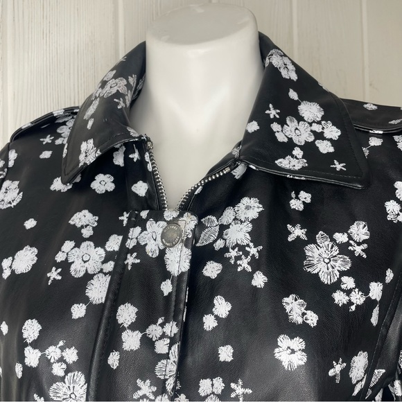Michael Michael Kors Moto Jacket M Black White Flowers Floral Faux Leather - Picture 5 of 10